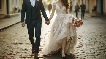 le jeunes mariés errer le Urbain paysage, en portant mains et chérir chaque marcher. génératif ai photo