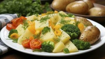 sain plaisir. patates jumelé avec croustillant des légumes. génératif ai photo