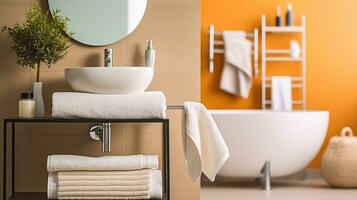 contemporain élégance- une moderne salle de bains oasis avec nettoyer les serviettes. génératif ai photo