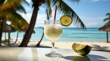 une blanc cocktail dans une verre sur une blanc table contre le Contexte de une plage sur une brillant ensoleillé journée. génératif ai photo