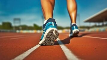 Extérieur coup de coureur athlétique pieds. génératif ai photo