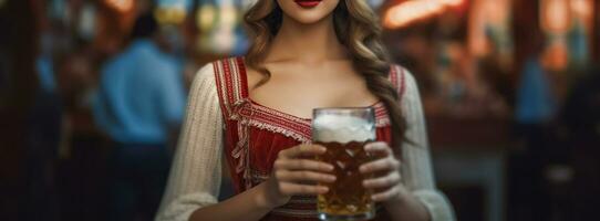 méconnaissable visage une femme habillé dans bavarois porter détient une des lunettes de bière, génératif ai photo