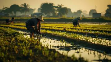 agriculteur travail dans une riz champ. agriculteur travail à le coucher du soleil sur le riz champ. génératif ai photo