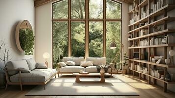 meubles et une forêt vue dans le vivant espace avec une étagère à livres suivant à une grand ouvert la fenêtre. génératif ai photo