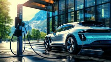 ev mise en charge station pour électrique voiture dans concept de vert énergie et éco Puissance produit de durable. génératif ai photo
