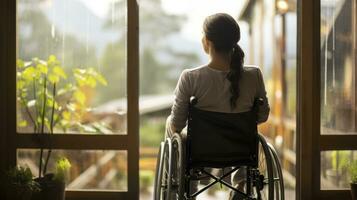 Jeune handicapé adolescent les filles sans pour autant jambes séance sur roue chaise et à la recherche à à l'extérieur de maison. génératif ai photo