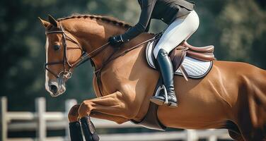 une symphonie de cheval et cavalier. le spectacle de spectacle sauter, équestre des sports. génératif ai photo