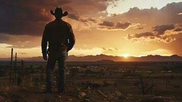 fin de journée rêverie- une de cow-boy le coucher du soleil montre. génératif ai photo