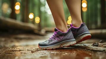 sportif luttes - une détail de une femme sentiment douleur dans sa la cheville avec des sports chaussures. génératif ai photo