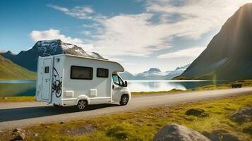 famille vacances Voyage camping-car, vacances voyage dans camping car, caravane voiture vacances. génératif ai photo