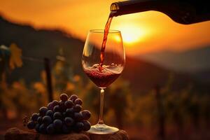 verser rouge du vin dans verre sur vignoble Contexte à le coucher du soleil. génératif ai photo