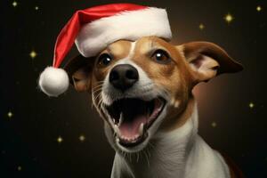 de bonne humeur jack Russell terrier avec une Noël chapeau sur le sien diriger. génératif ai photo