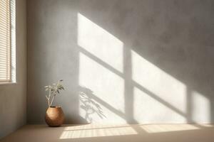 minimaliste intérieur conception avec ombres et lumière du soleil. composition de vase dans chambre. génératif ai photo