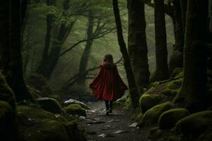 une femme dans une rouge manteau en marchant par une foncé forêt. génératif ai photo