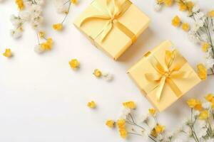 Jaune cadeaux des boites sur blanc Contexte avec fleurs et branches. génératif ai photo