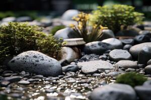 Japonais Roche jardin avec soigneusement mis des pierres, les plantes et sable. génératif ai photo