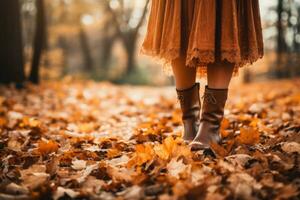jambes dans bottes sur le l'automne feuilles. pieds des chaussures en marchant dans la nature. ai généré photo
