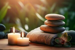 massage des pierres avec les serviettes et bougies dans Naturel Contexte. spa concept. génératif ai photo