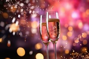 Nouveau années veille fête Contexte avec Champagne. rose bokeh. génératif ai photo