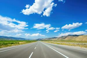 Autoroute et une bleu ciel. asphalte route et magnifique campagne paysage. ai généré photo