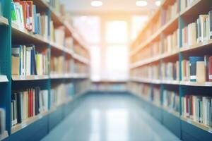 flou Publique bibliothèque intérieur. floue étagères avec défocalisé effet. génératif ai photo