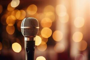 Publique performance sur organiser. microphone sur une supporter avec flou bokeh Contexte. génératif ai photo