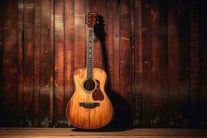 acoustique guitare sur vieux en bois Contexte. génératif ai photo