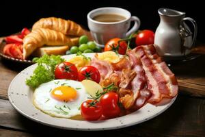 Anglais petit déjeuner sur le blanc plaque, des œufs avec liquide Jaune d'œuf, saucisses, fourchette et couteau, des croissants, café avec lait. génératif ai photo