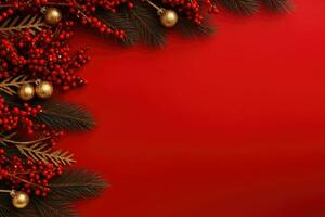 Noël sapin branches, décor et guirlandes sur rouge Contexte. génératif ai photo