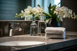 salle de bains dans une moderne luxe maison. salle de bains compteur avec évier et magnifique fleurs. ai généré photo