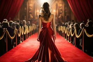 une Jeune jolie femme sur une rouge tapis un événement dans une soir robe, retour voir. génératif ai photo