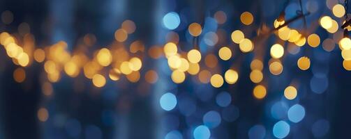 vacances éclairage et décoration concept, Noël guirlande bokeh lumières plus de foncé bleu Contexte. ai généré photo