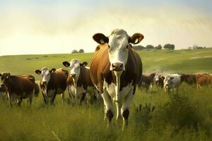 groupe de vaches permanent dans une herbeux champ. ai généré photo