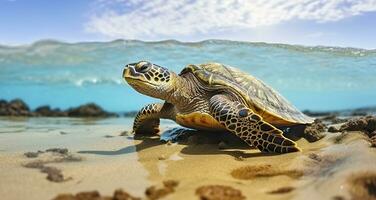 photo de mer tortue dans le galapagos île. génératif ai