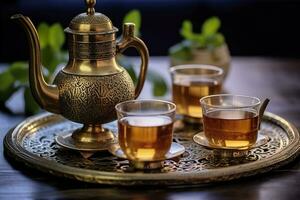 traditionnel marocain thé ensemble avec décoratif théières, lunettes, et menthe feuilles. génératif ai photo