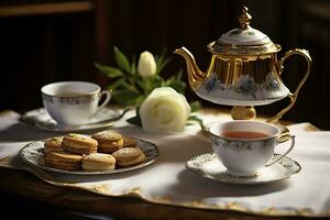 classique servi thé table avec des biscuits. génératif ai photo