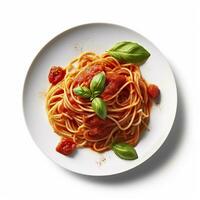 délicieux assiette de spaghetti avec tomate sauce sur une blanc Contexte génératif ai photo