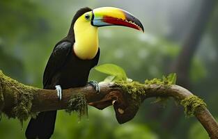 chataîgne mandibulé toucan séance sur le branche dans tropical pluie avec une vert jungle. génératif ai photo