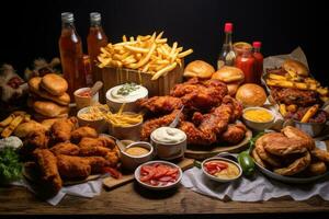 poulet ailes, français frites et poulet ailes sur une en bois tableau, grand table de assorti prendre en dehors nourriture tel comme pizza, français frites, oignon anneaux, frit poulet et poulet ailes, ai généré photo