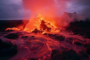 volcan hveravellir dans Islande, L'Europe , lave jaillissement en dehors de cratère et rougeâtre illuminé fumée nuage, lave les flux, éclater volcan, ai généré photo