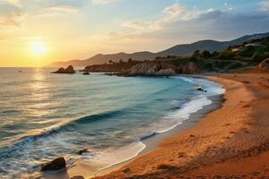 le coucher du soleil sur le plage de cala figuera, Sardaigne, kaputas plage. gens prendre plaisir Soleil et mer à le magnifique turquoise mer et sablonneux plage de kaputas. le coucher du soleil plus de le mer dans le arrière-plan, ai généré photo