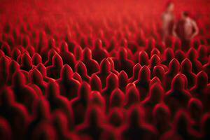 abstrait 3d le rendu de foule de personnes. travail en équipe concept, direction et travail en équipe concept avec 3d illustration de une homme dans de face de une foule de rouge personnes, ai généré photo