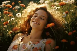 magnifique fille mensonge dans le Prairie avec fleurs génératif ai photo