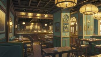 restaurant restaurant avec en bois meubles graphique roman anime manga fond d'écran photo