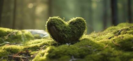 fermer de en bois cœur sur mousse. Naturel enterrement la tombe dans le les bois. génératif ai photo