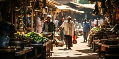 intrigant image de une local marché dans marrakech, Maroc, animé avec vendeurs et les acheteurs photo