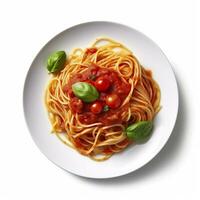 délicieux assiette de spaghetti avec tomate sauce sur une blanc Contexte génératif ai photo