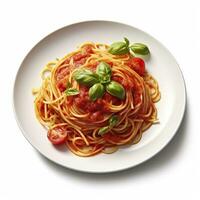 délicieux assiette de spaghetti avec tomate sauce sur une blanc Contexte génératif ai photo