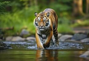 amour tigre en marchant dans le l'eau. dangereux animal. animal dans une vert forêt flux. génératif ai photo