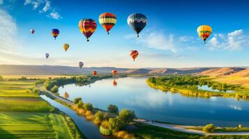 chaud air ballon plus de une paysage de rivières et montagnes génératif ai photo